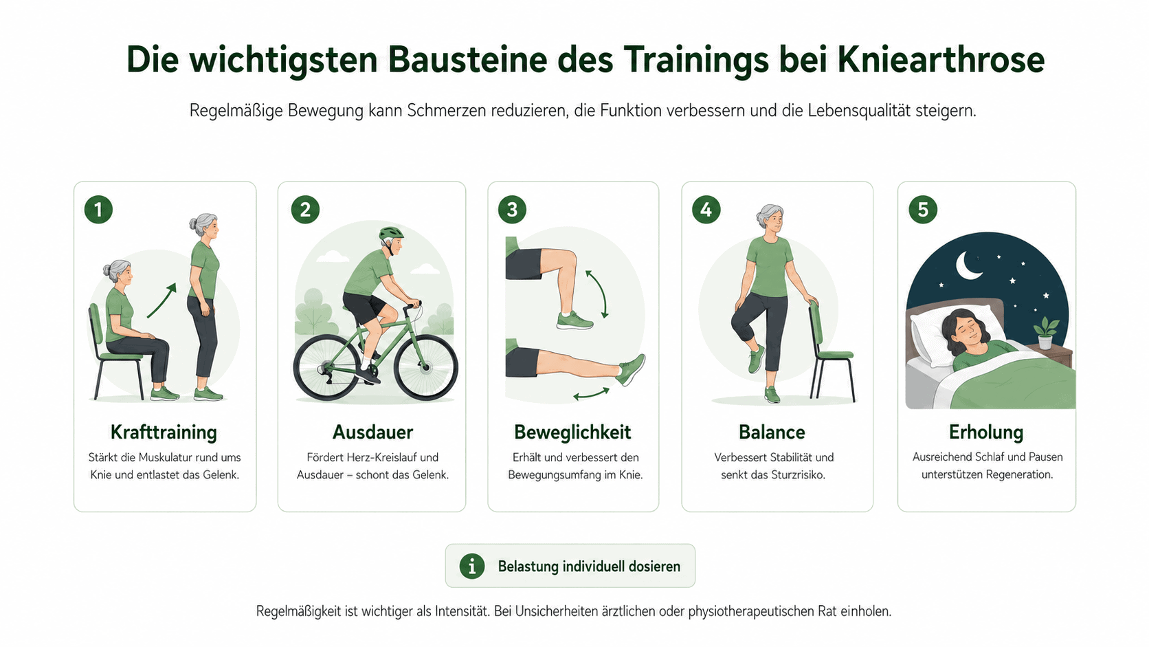 Infografik: Übungsbausteine bei Kniearthrose mit Krafttraining, Ausdauer, Beweglichkeit, Balance und Erholung