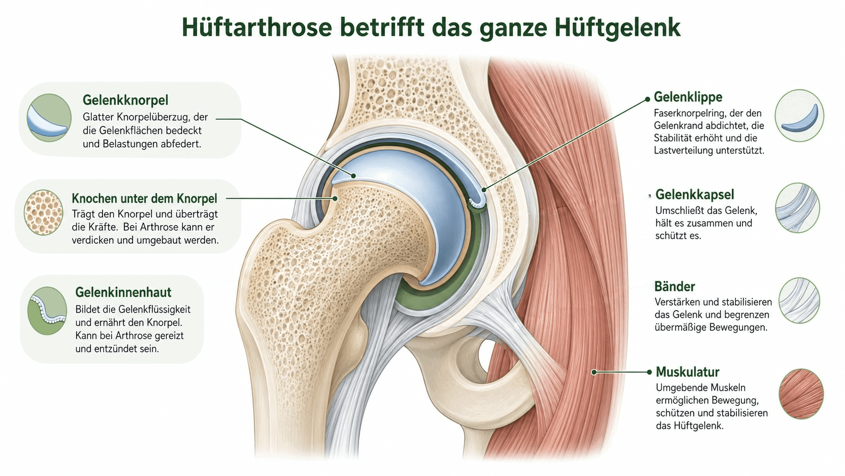 Infografik: Hüftgelenksarthrose betrifft Knorpel, Knochen, Gelenkinnenhaut, Kapsel, Gelenklippe, Bänder und Muskulatur