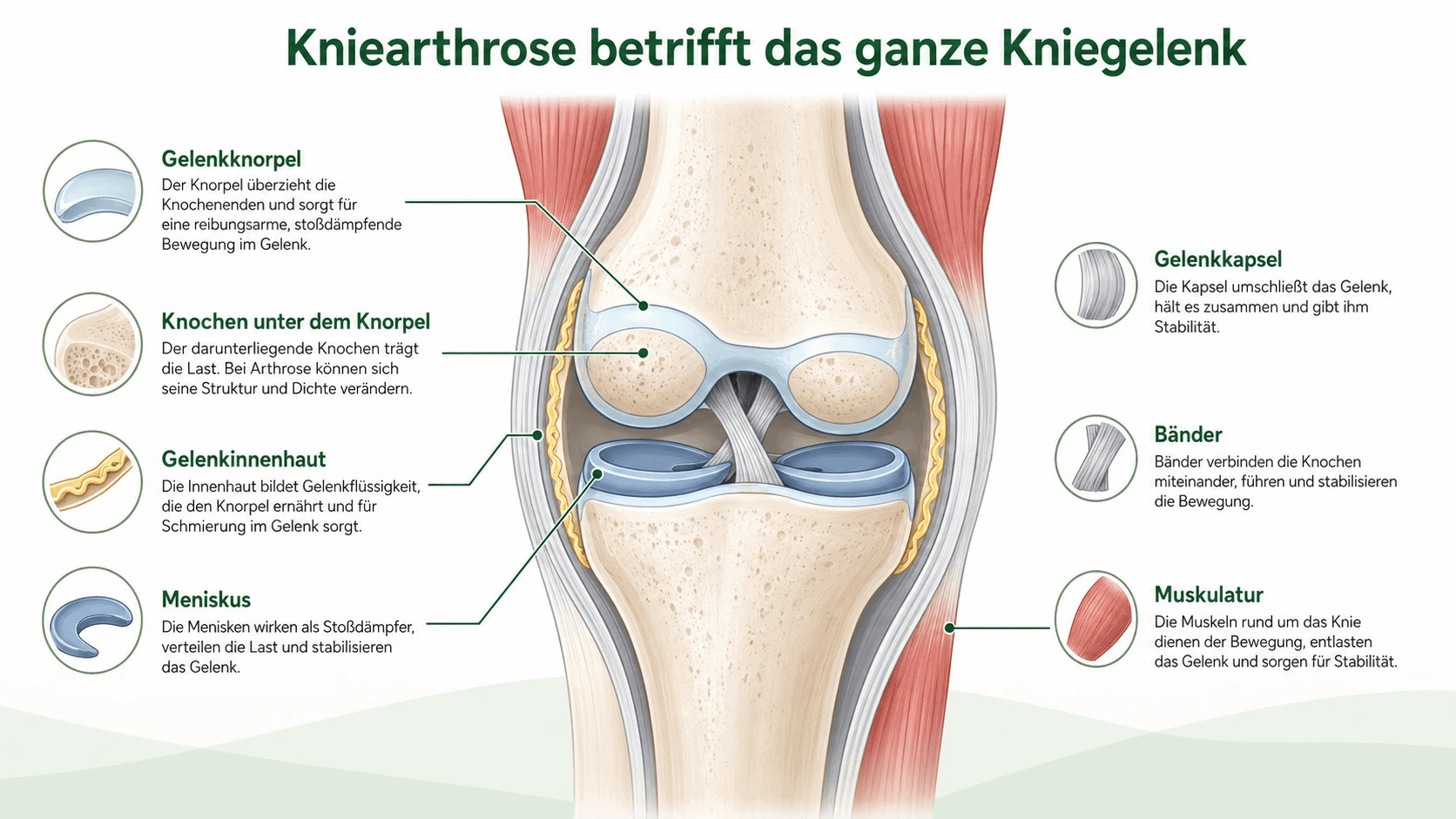 Infografik: Kniearthrose betrifft Knorpel, Knochen, Gelenkinnenhaut, Meniskus, Kapsel, Bänder und Muskulatur