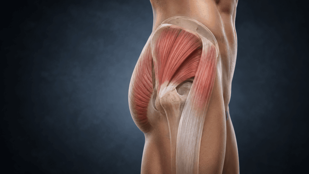 Illustrative Darstellung der Abduktoren an Hüfte und Gesäß mit Gluteus medius, Gluteus minimus und Tensor fasciae latae