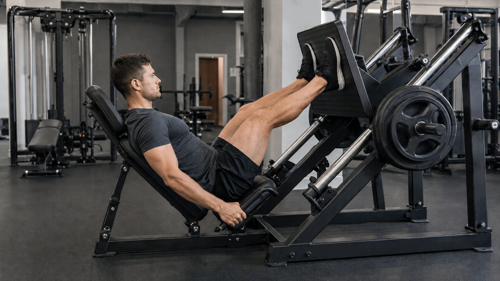 Person führt eine 45-Grad-Beinpresse im Fitnessstudio aus