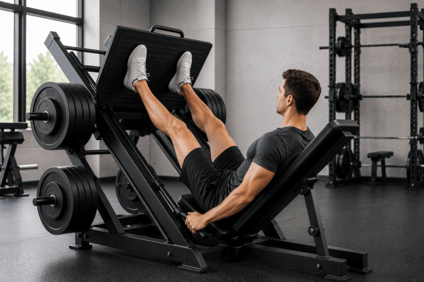 Mann trainiert an einer 45-Grad-Beinpresse im Fitnessstudio