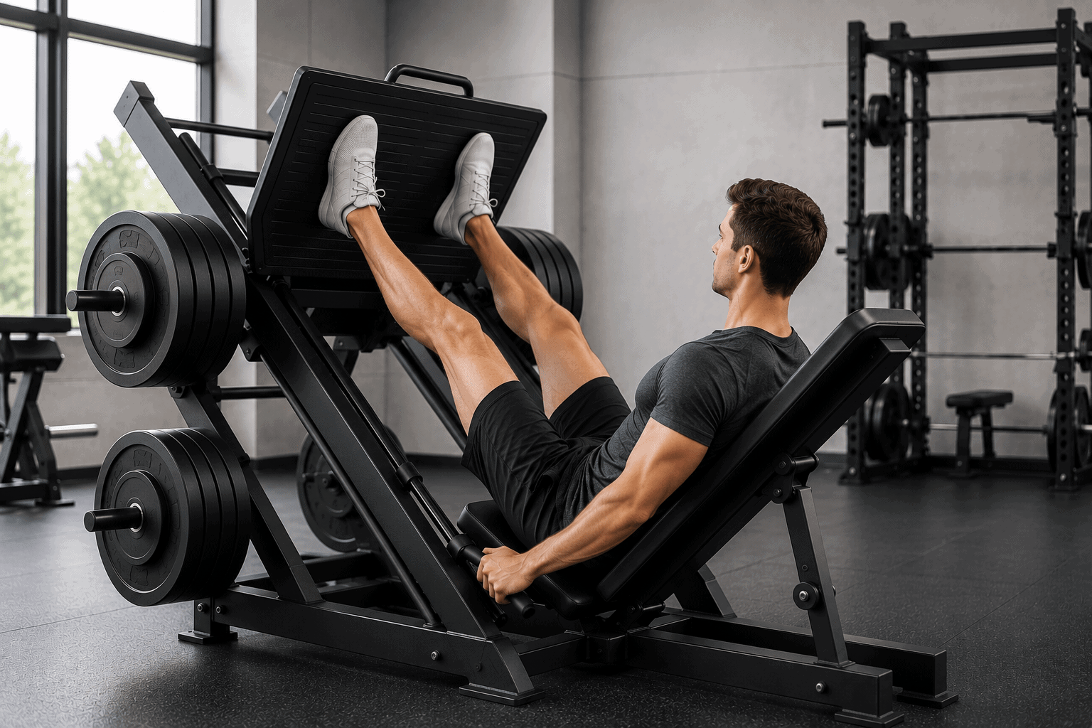 Mann trainiert an einer 45-Grad-Beinpresse im Fitnessstudio