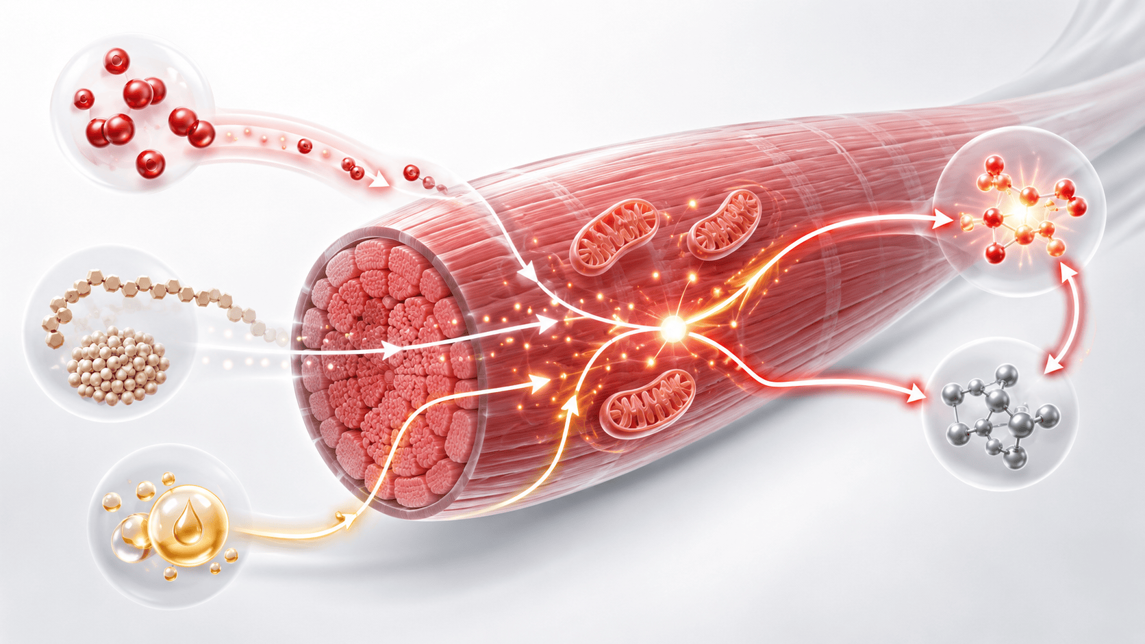 Energiebereitstellung im Muskel mit ATP, Kreatinphosphat, Kohlenhydraten, Fetten und Mitochondrien