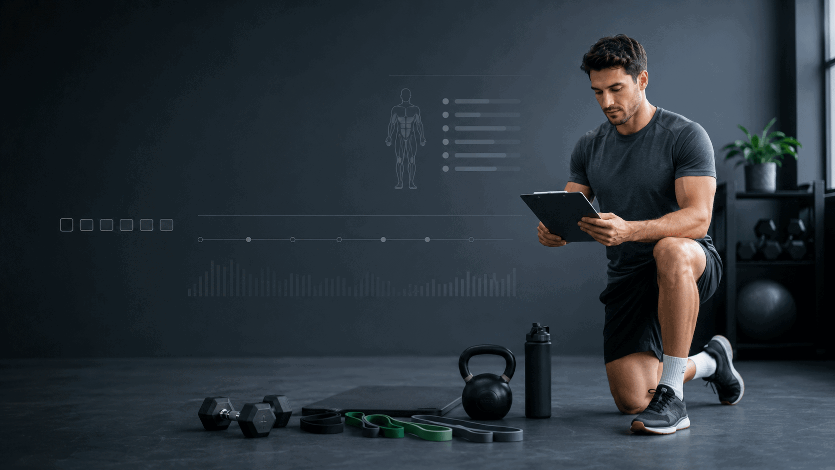Illustrative Darstellung eines Krafttrainingsplans mit Trainingsausrüstung und strukturierten Übungsbeispielen