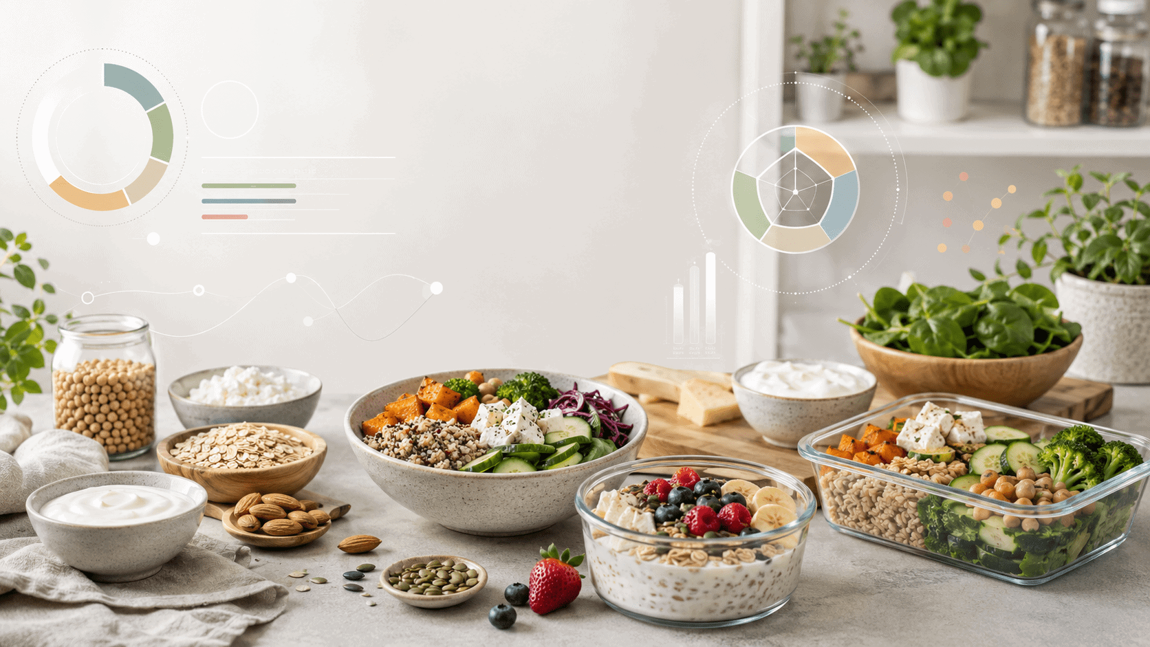 Illustrative Darstellung lacto-vegetarischer Ernährungspläne mit Milchprodukten, Gemüse, Hülsenfrüchten und Getreide