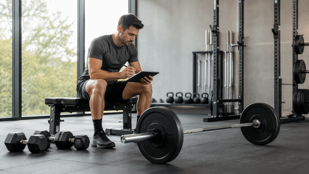 Trainingsplanung im Krafttraining mit Hantel, Notizen und strukturiertem Trainingsplan