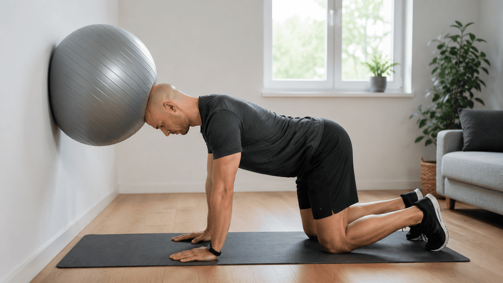 Person macht eine Übung für den Nacken mit Gymnastikball an der Wand