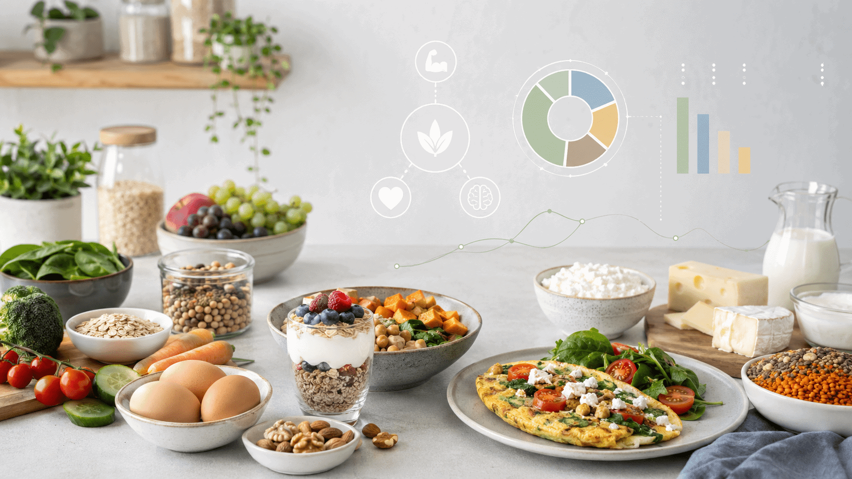 Illustrative Darstellung ovo-lacto-vegetarischer Ernährungspläne mit Eiern, Milchprodukten, Gemüse und Getreide