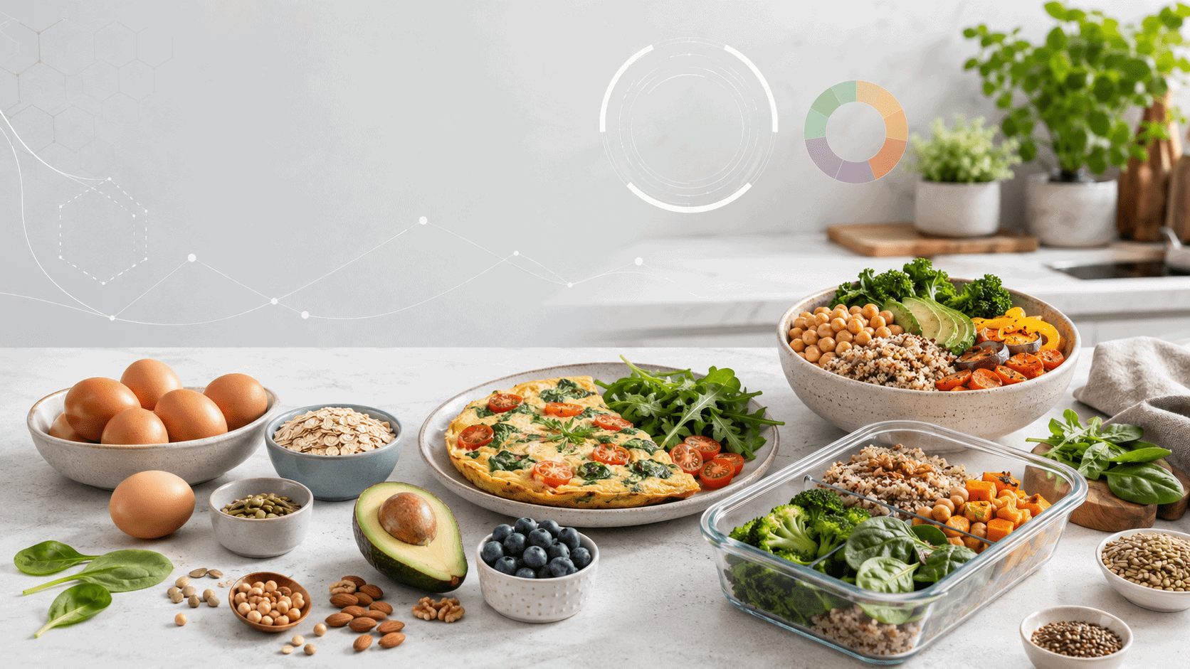 Illustrative Darstellung ovo-vegetarischer Ernährungspläne mit Eiern, Gemüse, Hülsenfrüchten und Getreide