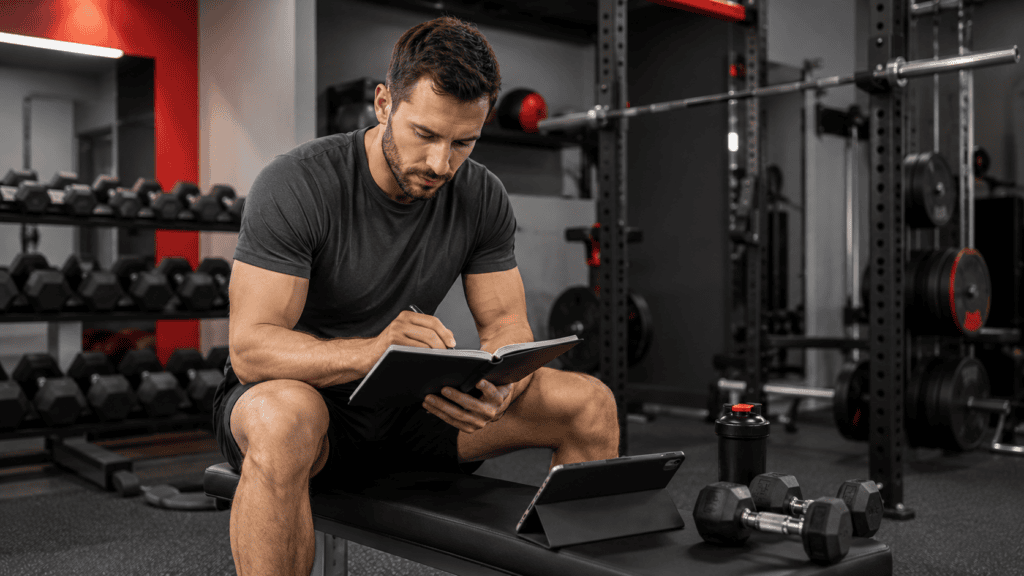 Trainingsplan und Krafttraining im Fitnessstudio als Symbol für Muskelgruppen kombinieren