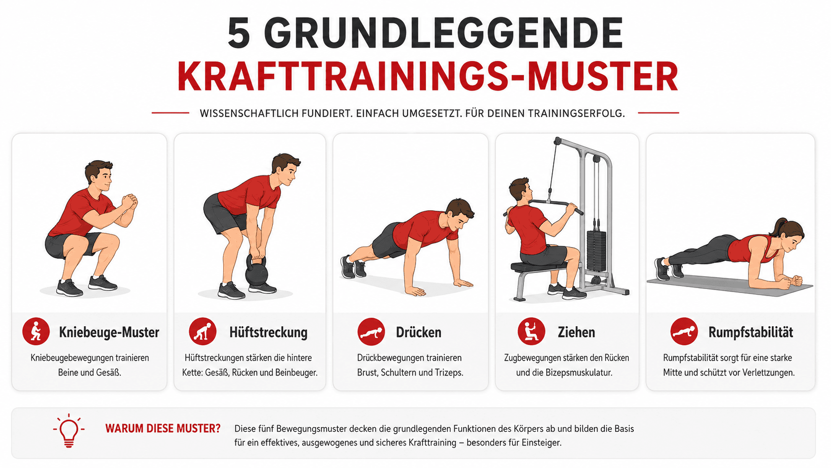 Fünf grundlegende Bewegungsmuster im Krafttraining für Anfänger