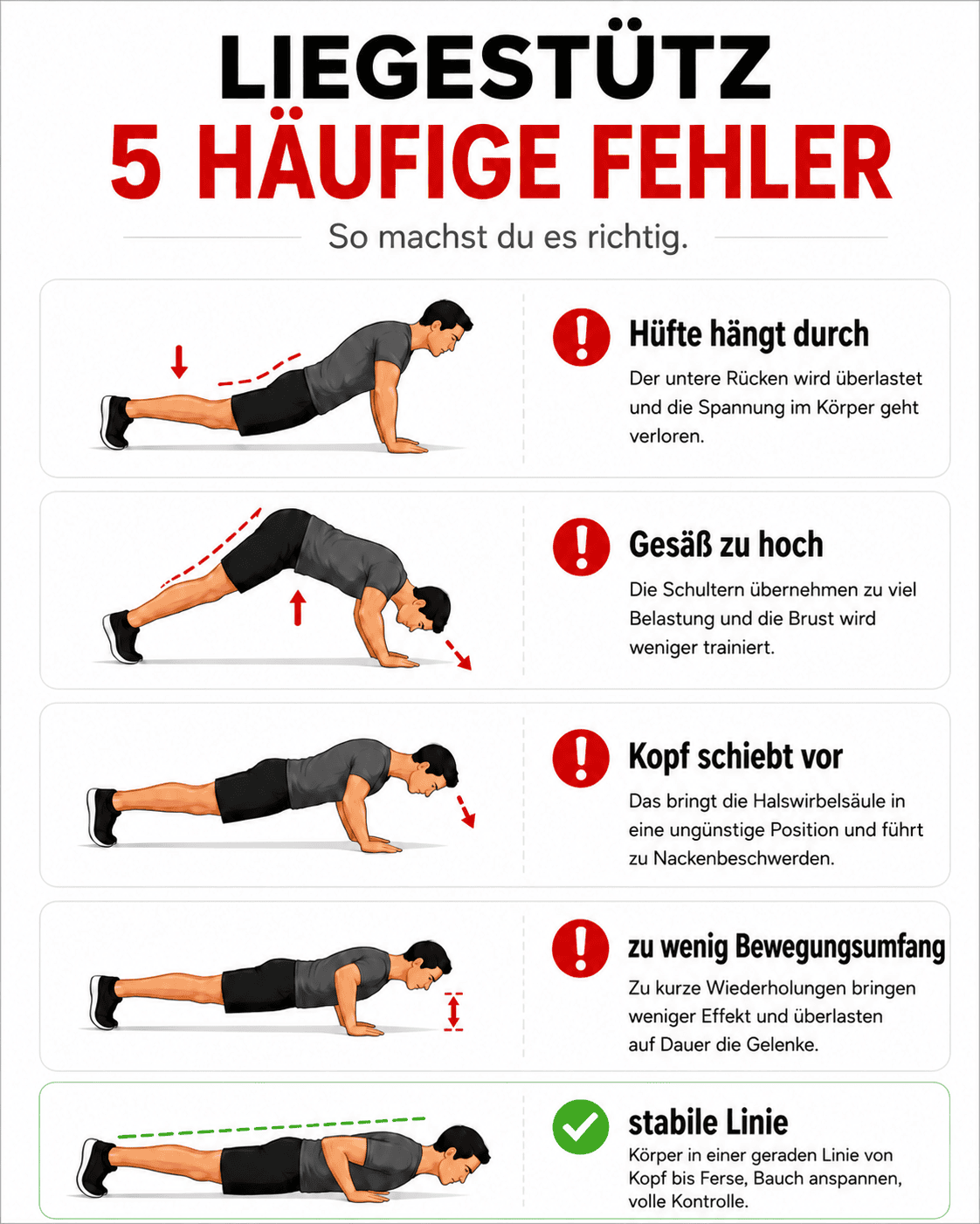 Grafik mit häufigen Fehlern bei Liegestützen
