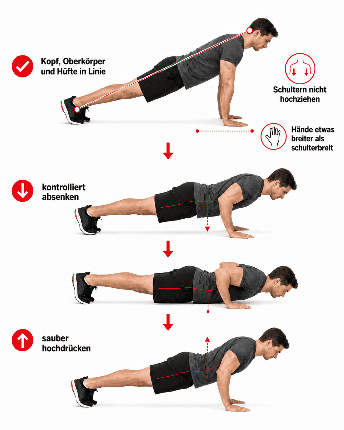Infografik zur richtigen Liegestütz-Technik mit Körperlinie, Handposition und Bewegungsablauf