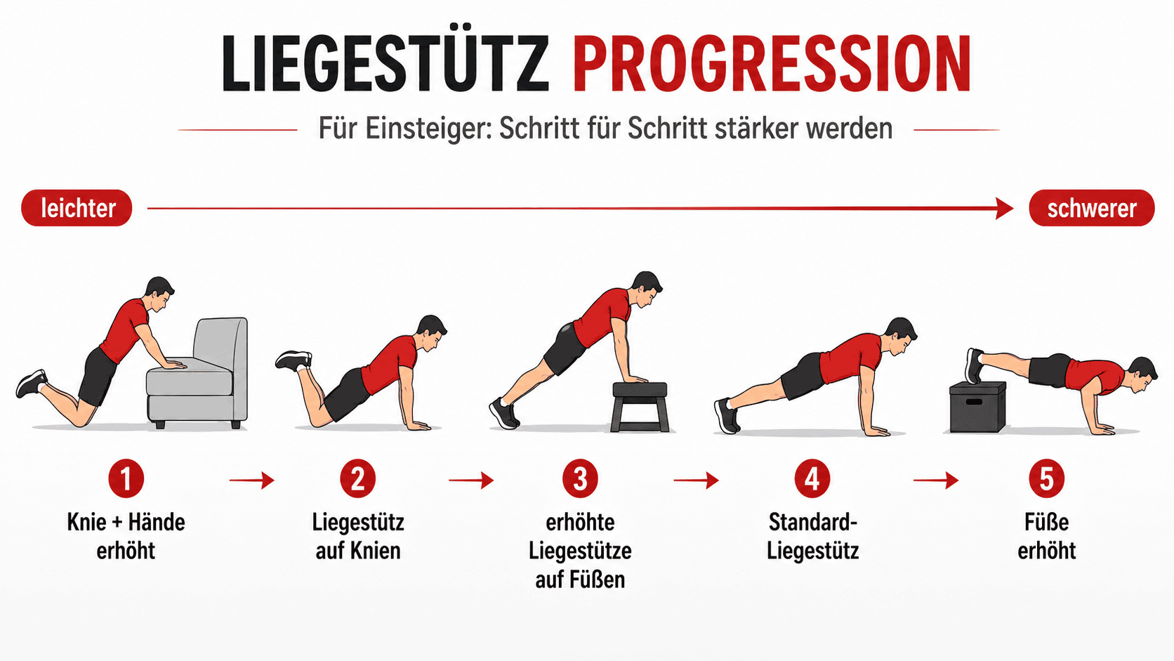 Grafik mit Liegestütz-Varianten von leicht bis schwer