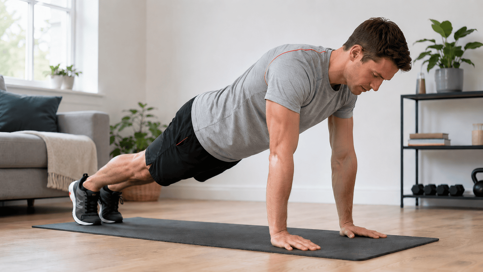 Person in der oberen Position eines Push-up Plus auf einer Trainingsmatte