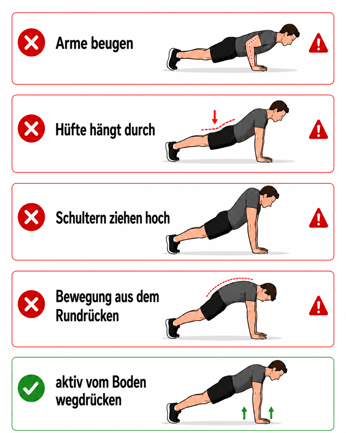Grafik mit häufigen Fehlern beim Push-up Plus