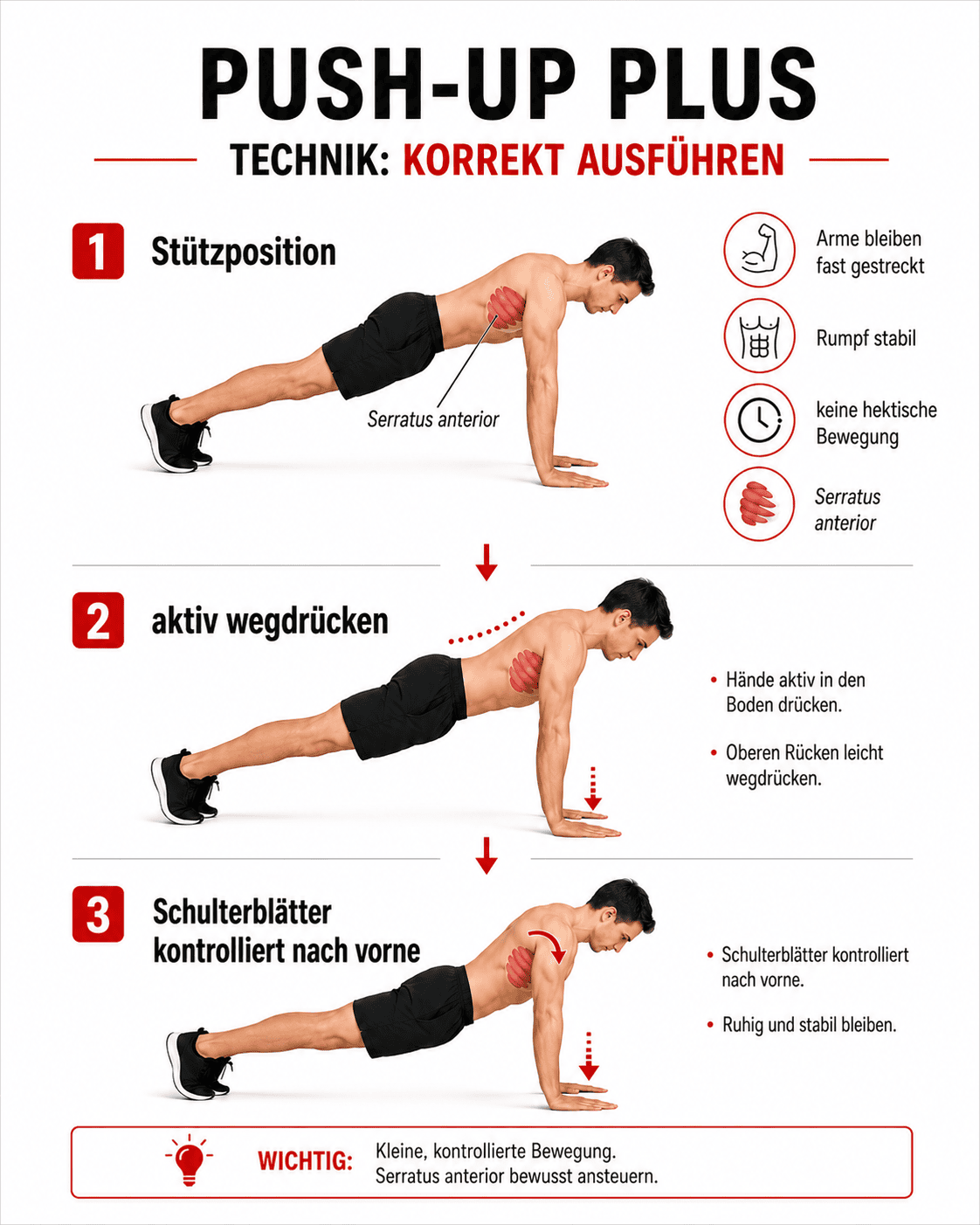 Infografik zur richtigen Push-up-Plus-Technik mit Stützposition und Schulterblattbewegung