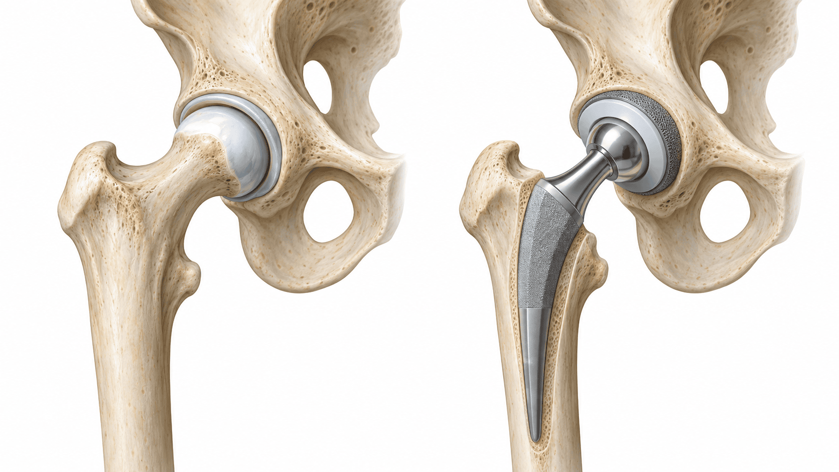 Schematische anatomische Darstellung eines natürlichen Hüftgelenks und einer Hüft-Totalendoprothese mit Pfanne, Prothesenkopf und Femurschaft