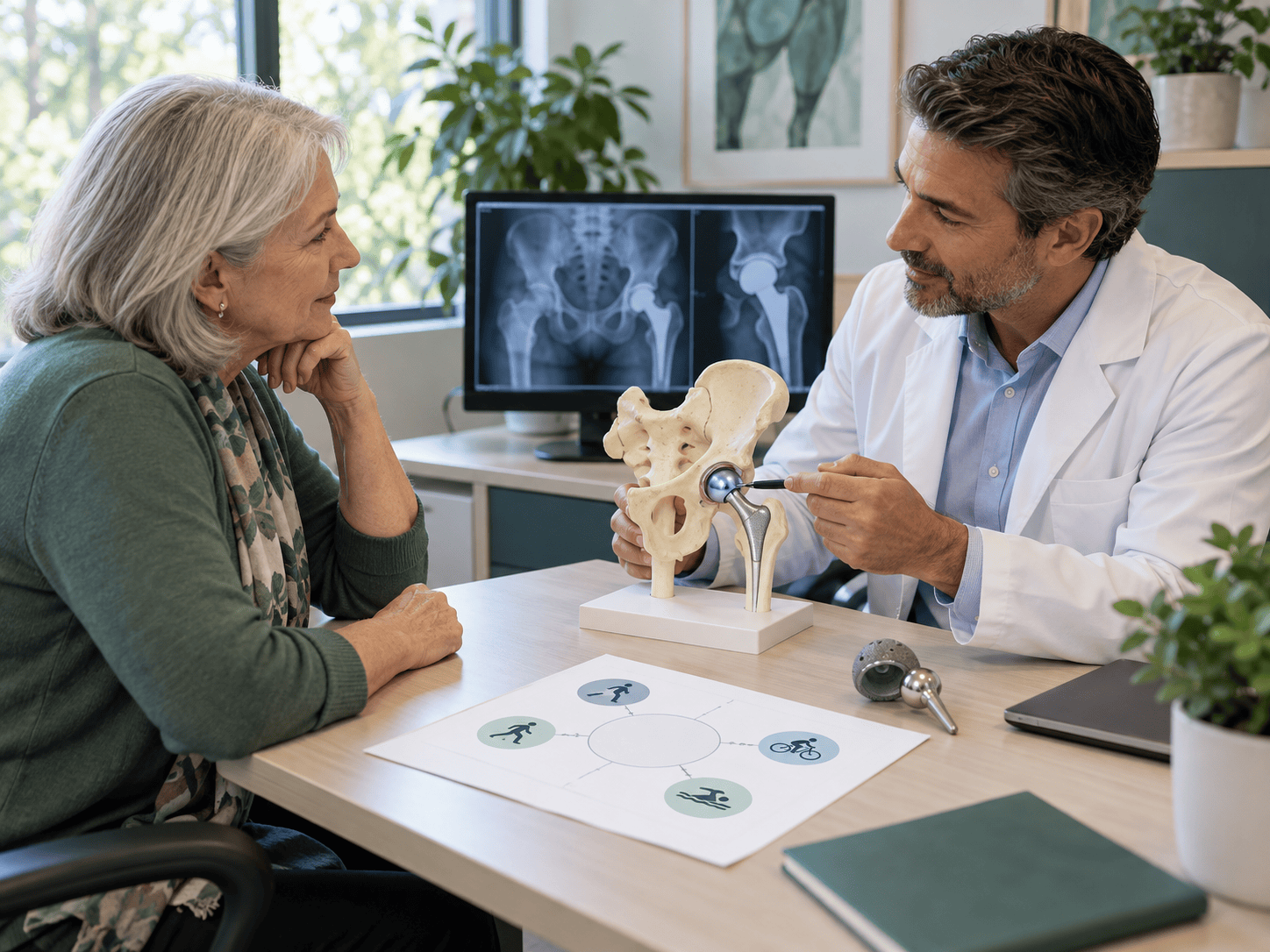 Patient und Orthopädin besprechen gemeinsam ein Hüftmodell und persönliche Aktivitätsziele vor einer Hüft-TEP