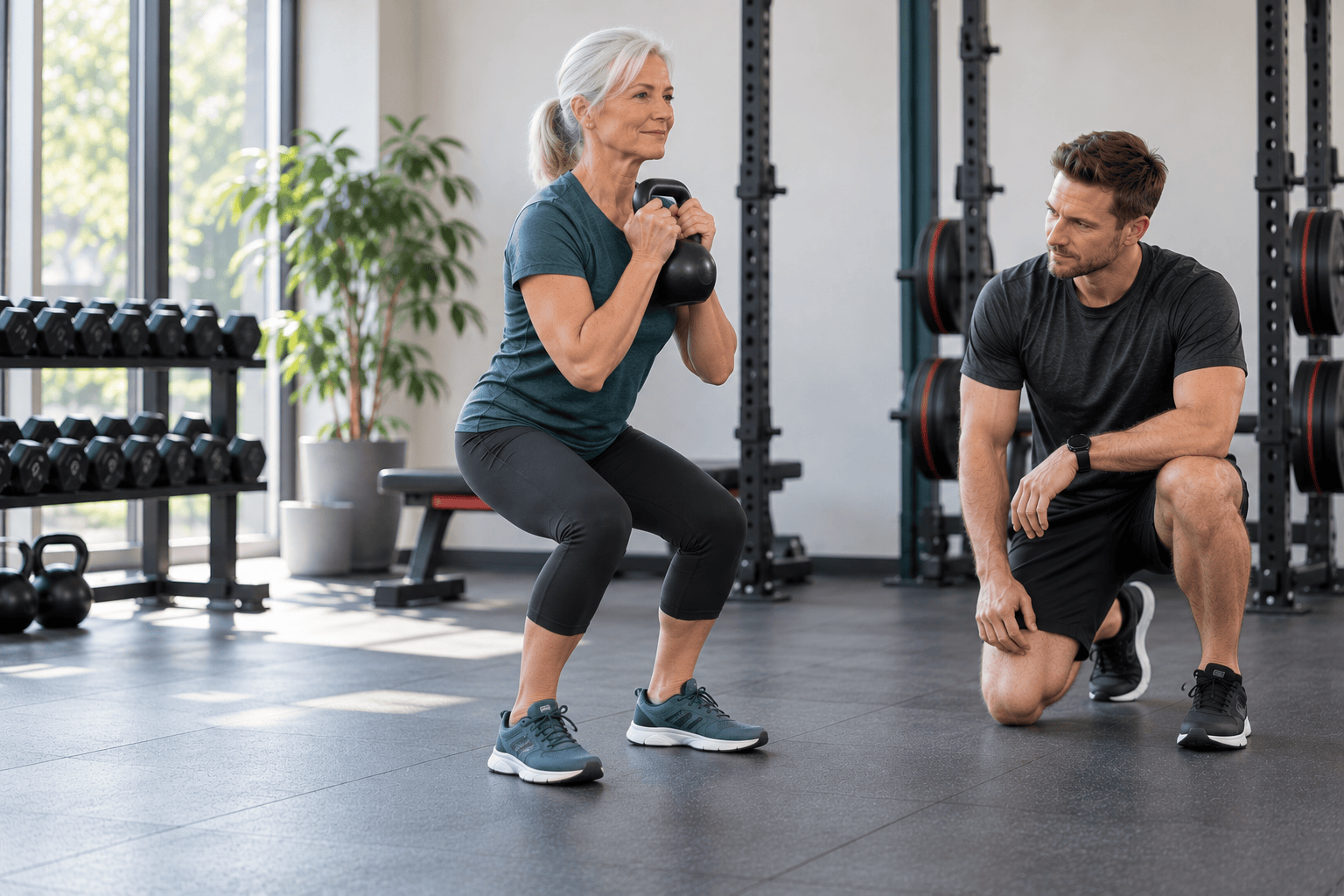 Ältere trainierende Person bei einer kontrollierten Kniebeuge im Fitnessstudio mit Betreuung