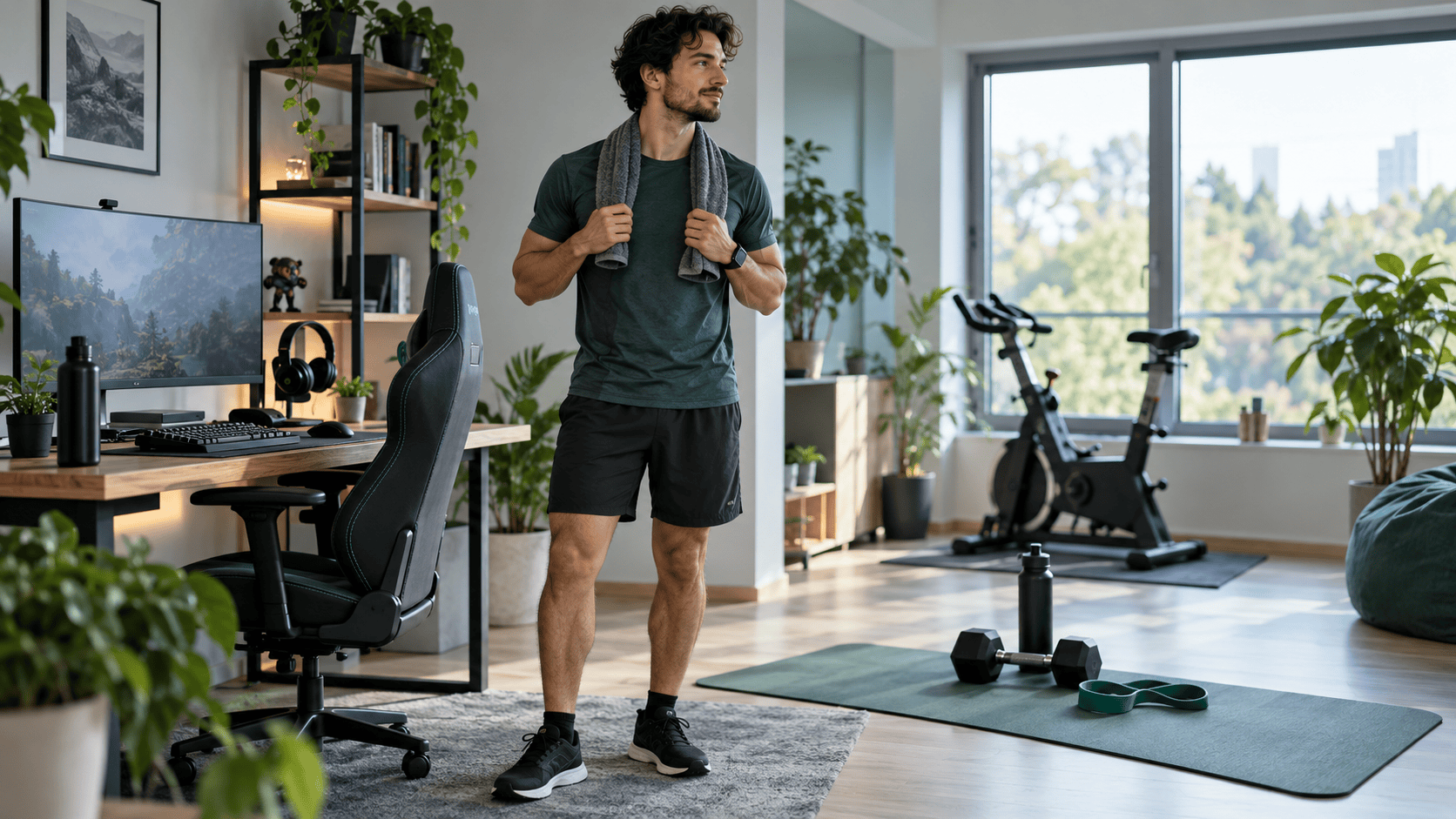 Gamer neben Gaming-Setup und Trainingsbereich als Symbol für körperliches Training im E-Sport