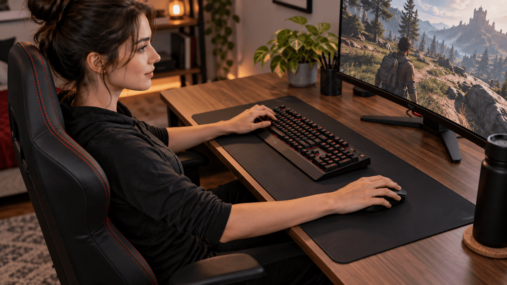 Nahaufnahme von H&auml;nden an Tastatur und Maus auf einem Gaming-Schreibtisch