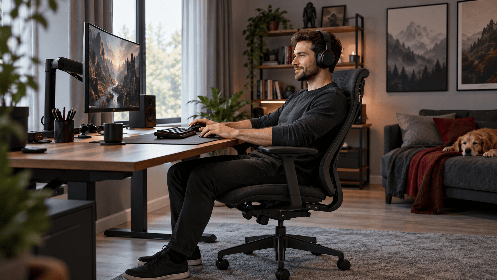 Person an einem individuell eingerichteten Gaming-Arbeitsplatz mit Monitor, Stuhl, Tastatur und Maus