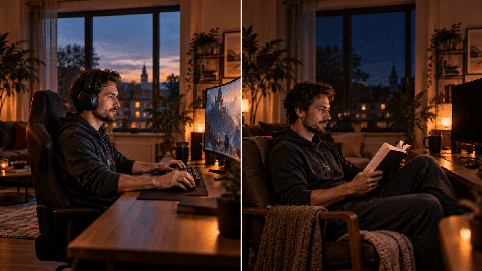 Dieselbe Person beim abendlichen Gaming und später beim Lesen nach dem Ausschalten des Monitors