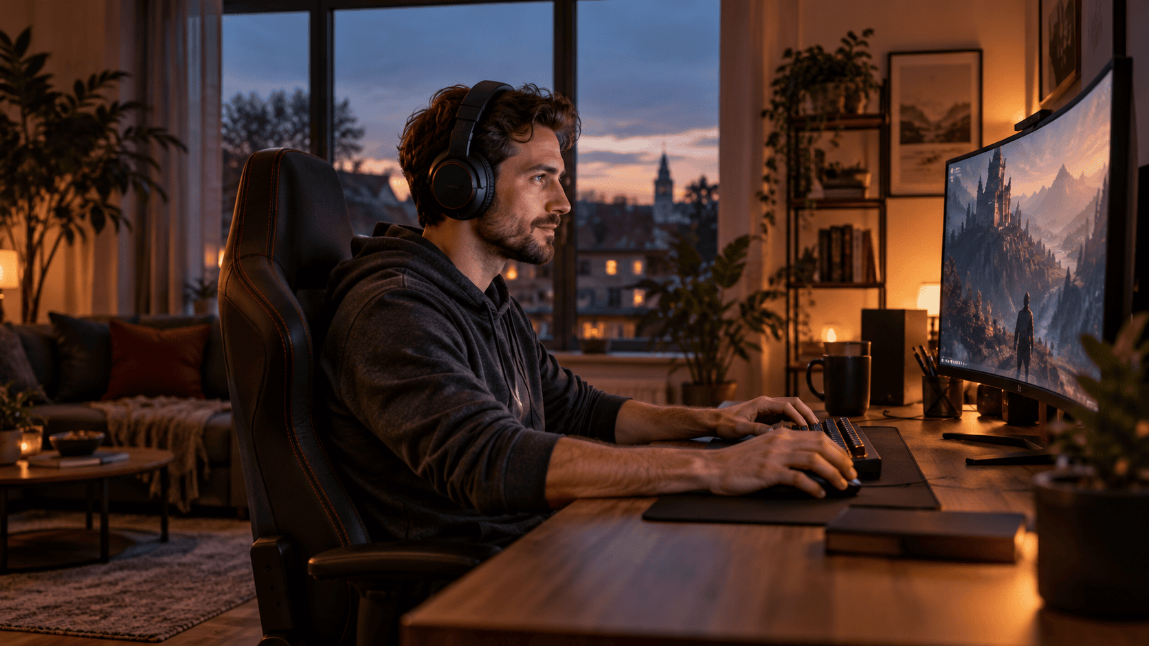 Erwachsene Person spielt am Abend am Computer in einem warm beleuchteten Zimmer