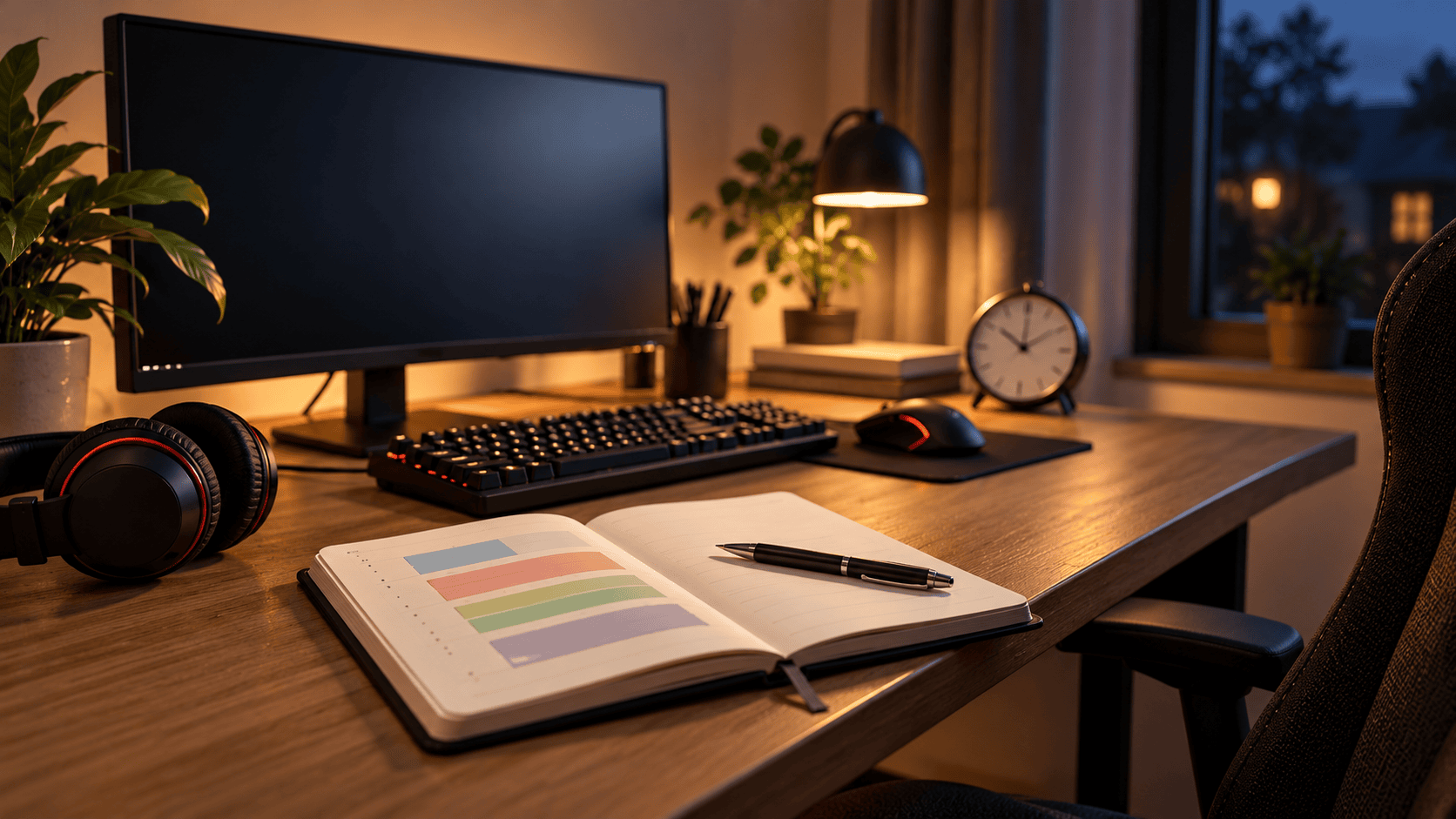 Gaming-Schreibtisch mit Tastatur, ausgeschaltetem Bildschirm, Notizbuch und Tischuhr