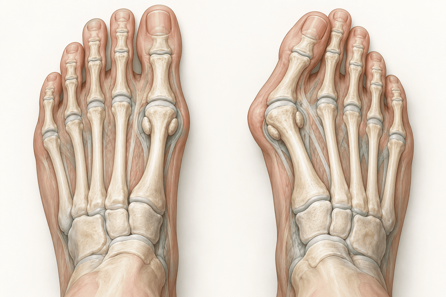 Anatomische Gegenüberstellung eines normalen Vorfußes und eines Hallux valgus