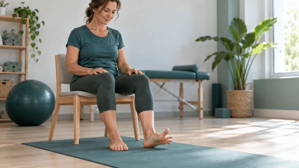 Person mit mildem Hallux valgus führt barfuß eine kontrollierte Fußübung aus
