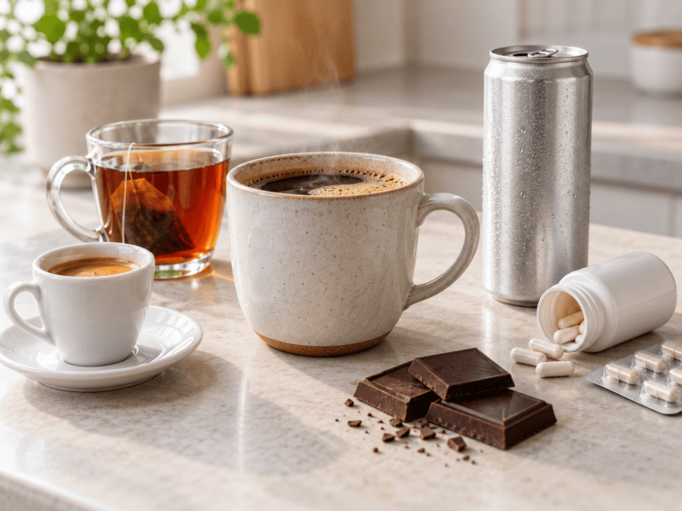 Kaffee und weitere typische Koffeinquellen wie Tee, Energy-Drink, Schokolade und Koffeinkapseln