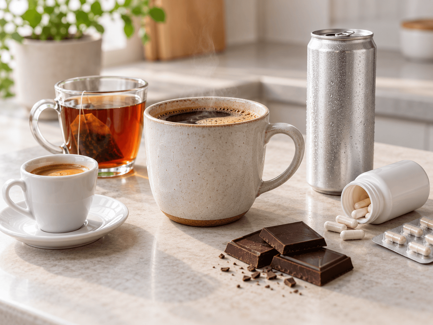 Kaffee und weitere typische Koffeinquellen wie Tee, Energy-Drink, Schokolade und Koffeinkapseln
