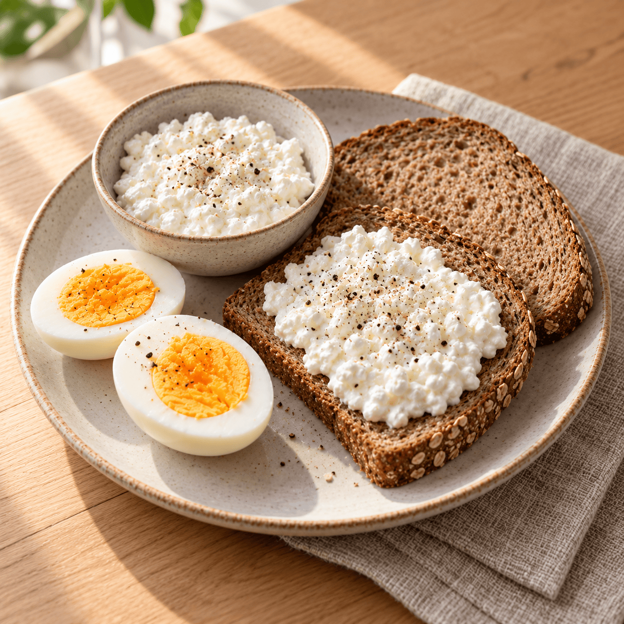 Gekochte Eier mit Vollkornbrot und körnigem Frischkäse auf einem Frühstücksteller