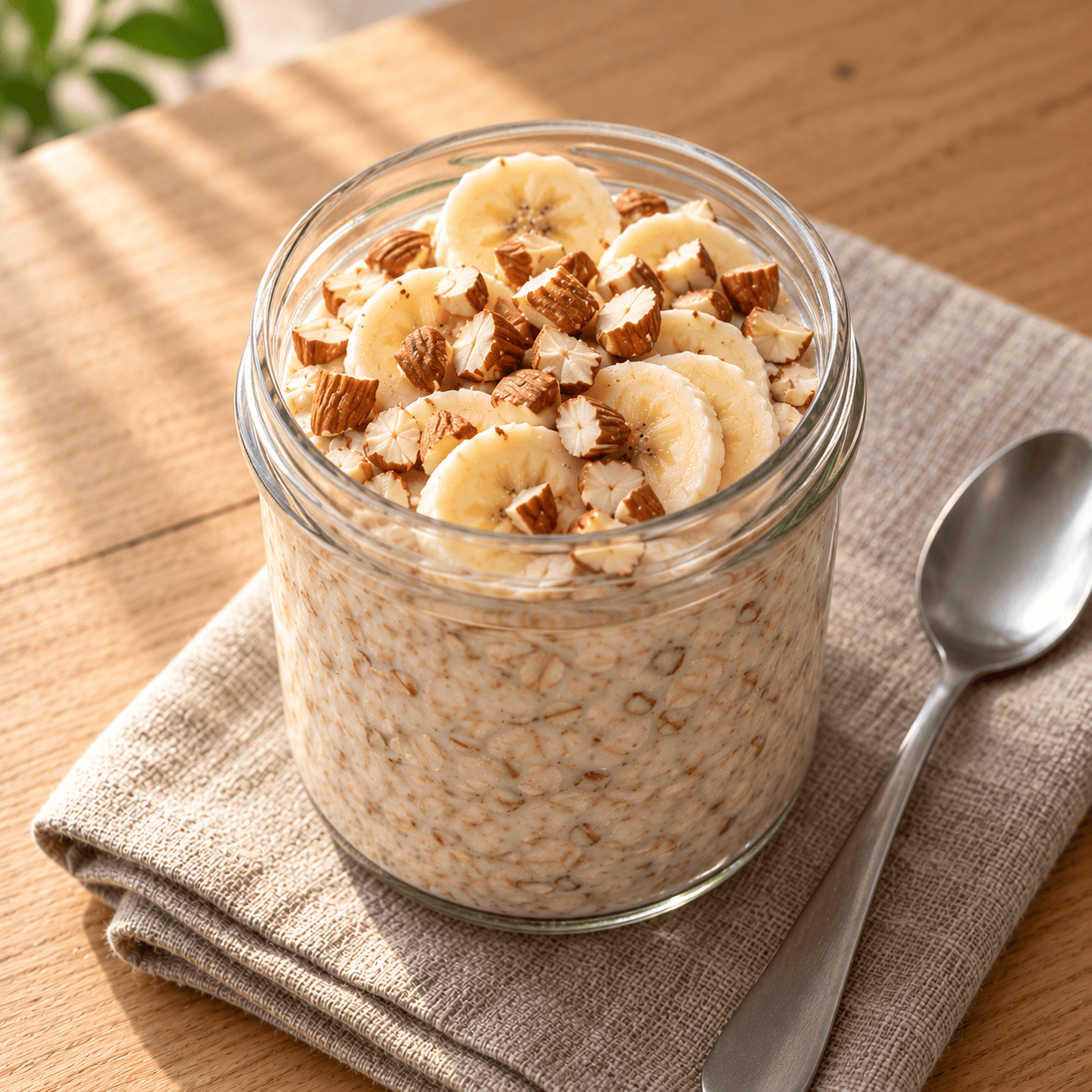 Overnight Oats im Glas mit Bananenscheiben und gehackten Mandeln