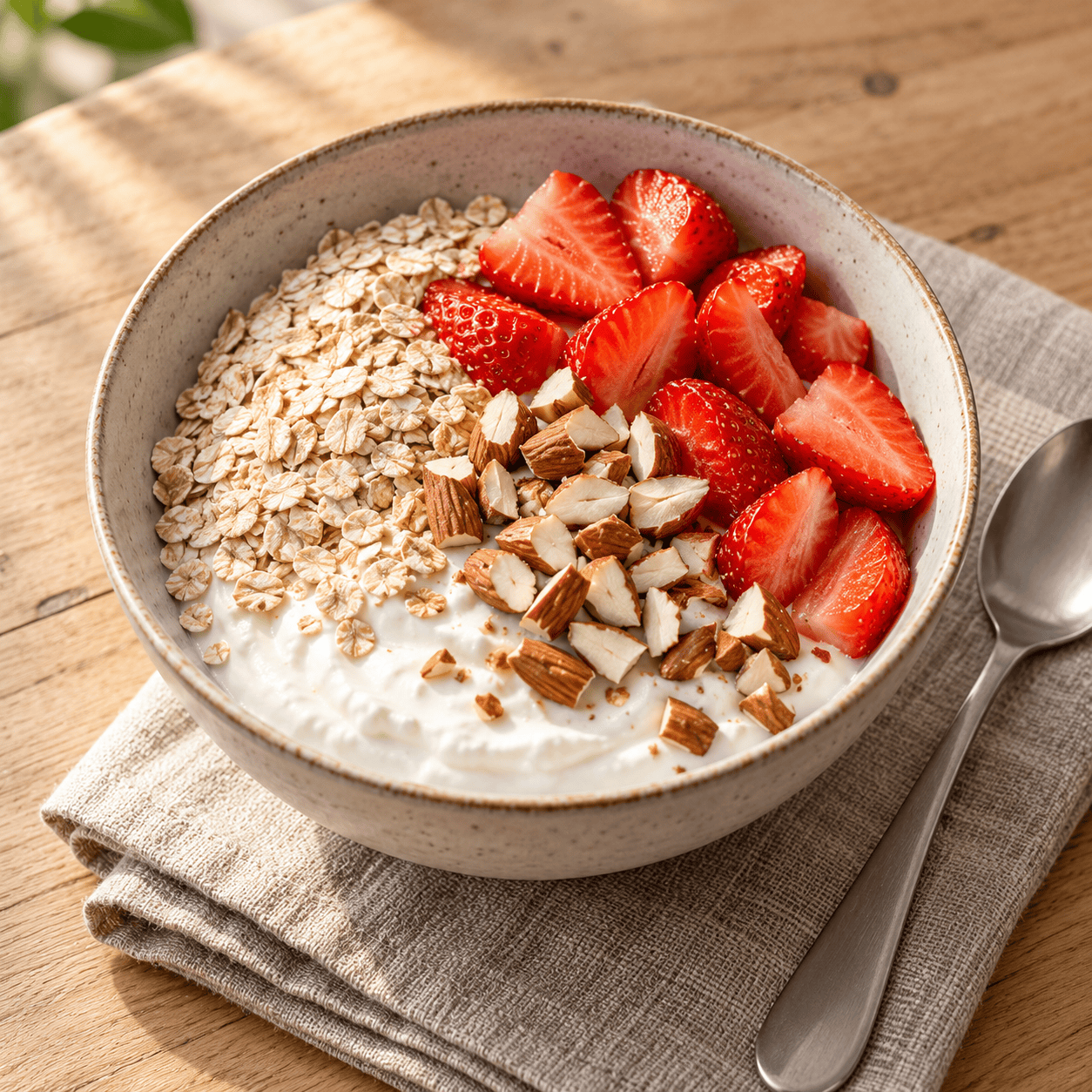 Schüssel mit Magerquark, Erdbeeren, Haferflocken und gehackten Mandeln