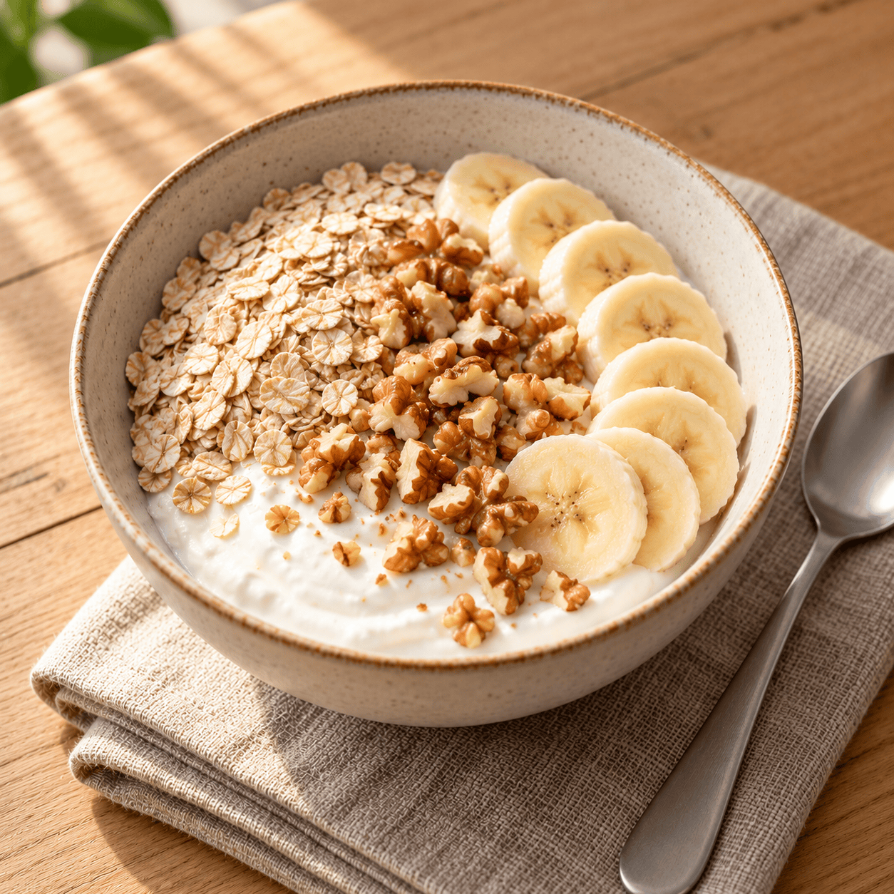 Frühstücksschüssel mit Skyr, Bananenscheiben, Haferflocken und Walnüssen