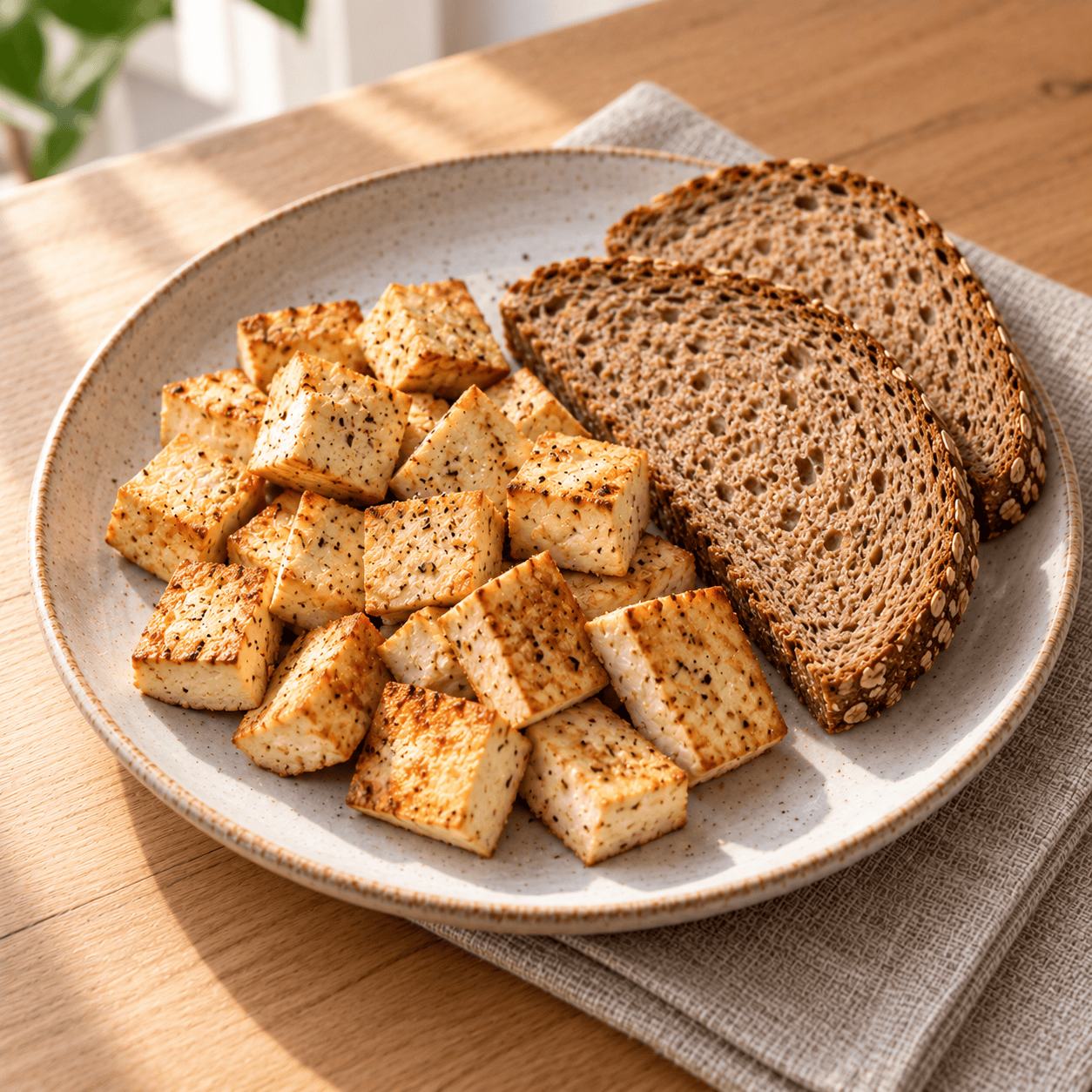 Angebratener Naturtofu mit Vollkornbrot auf einem Frühstücksteller