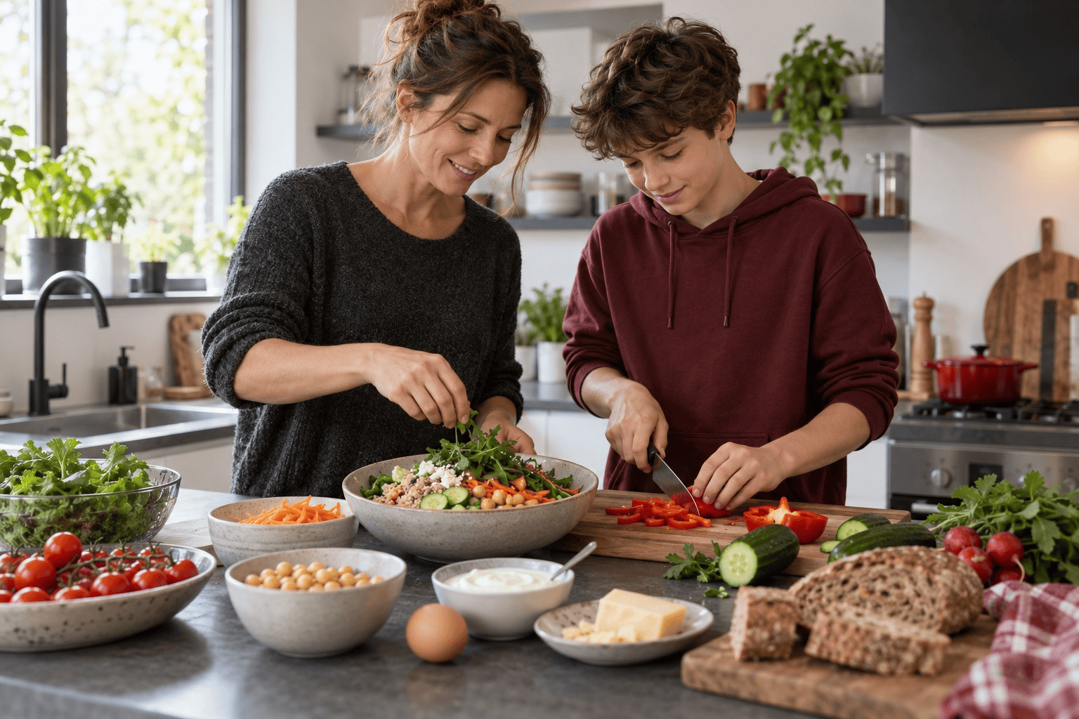 Ein Elternteil und ein Jugendlicher bereiten gemeinsam eine vegetarische Mahlzeit mit Gemüse zu; Ei und Käse stehen bereit.