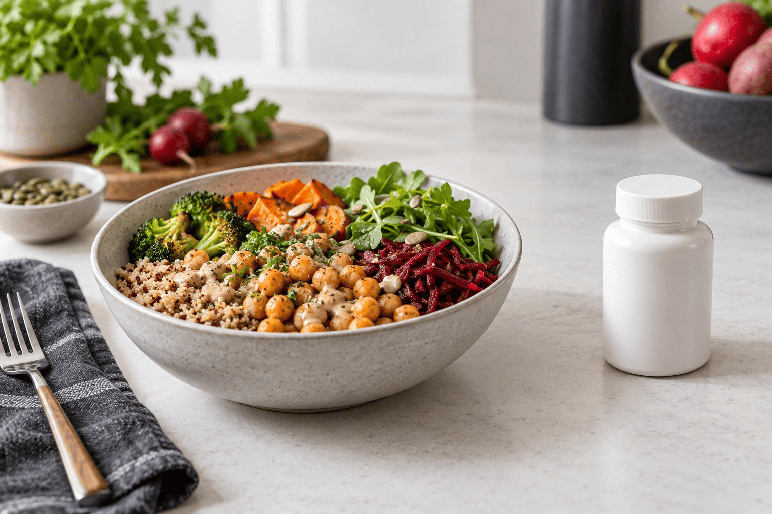 Vegane Schüssel mit Gemüse, Kichererbsen und Getreide; daneben eine neutrale weiße Dose.