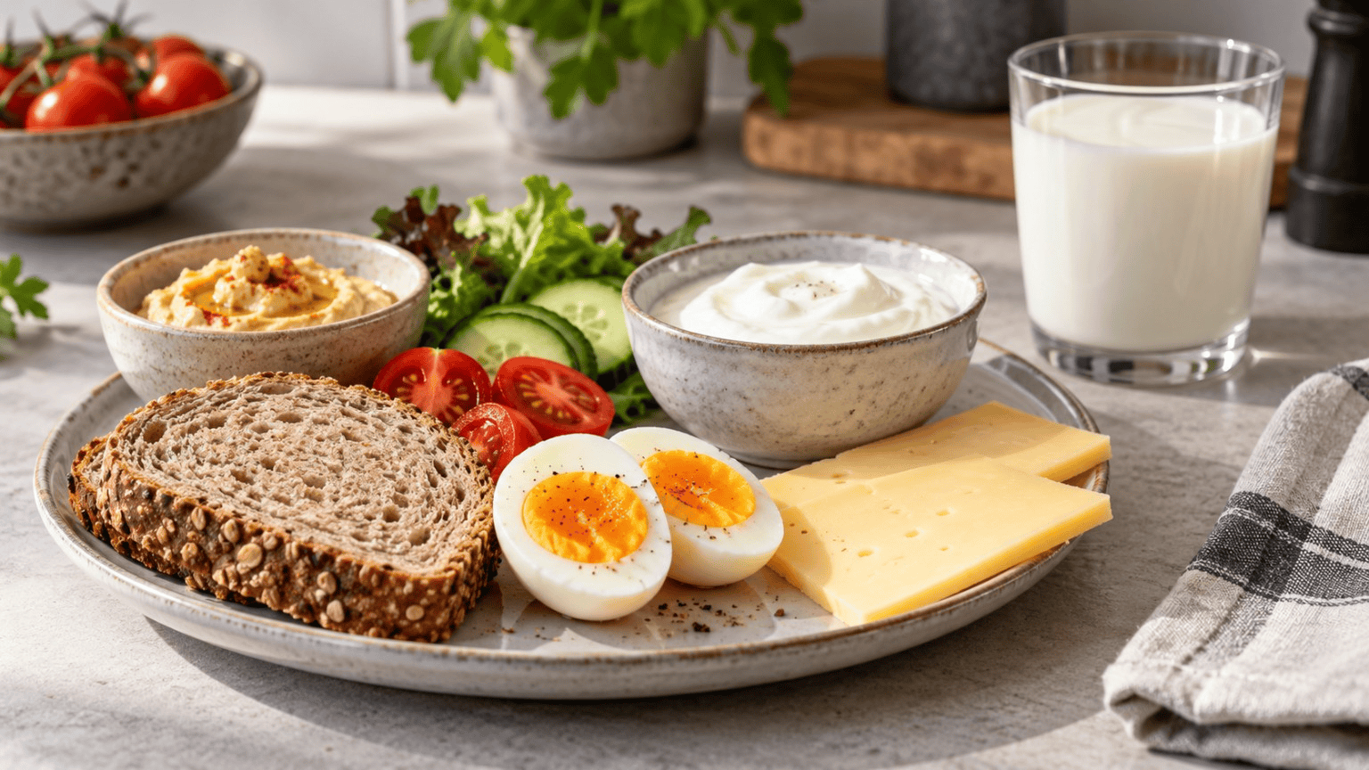 Vegetarischer Teller mit gekochtem Ei, Käse, Brot, Hummus und Gemüse; daneben Milch und Naturjoghurt.